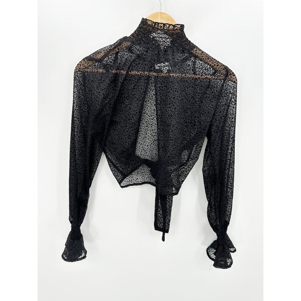 About Us Womens Black Sheer Dark Grunge Top Sz XS Smocked Cheetah Print Tie